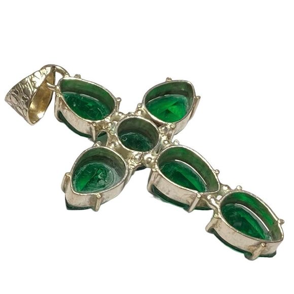 Gemstone Cross Pendant Deep Green CZ Stones Chrome Diopside Color (2.25") - Picture 4 of 4